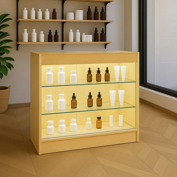 LED retail shop counter K900 in maple finish, featuring glass shelves displaying assorted white and amber bottles in a modern setting