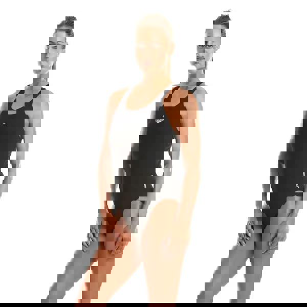 Black Speedo Endurance+ Medalist one-piece swimsuit with white logo