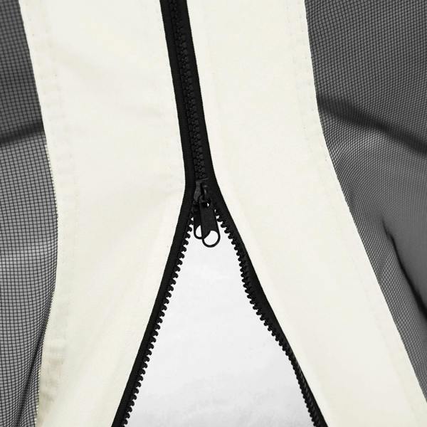 White mesh sidewall netting with black zipper opening and stitched border