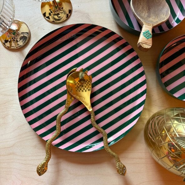 Love Frankie Large Circular Stripy Trays - 5 Colours Available - Large Stripy Plate in Rose Pink and Forest Green
