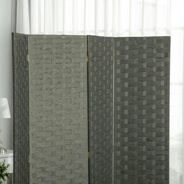 Grey room divider close-up showing woven panel texture and folded seam