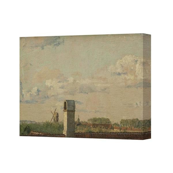Benjamin Tate Design Canvas 2988 Serene Landscape Canvas Wall Art Print With Rooftops And Windmill