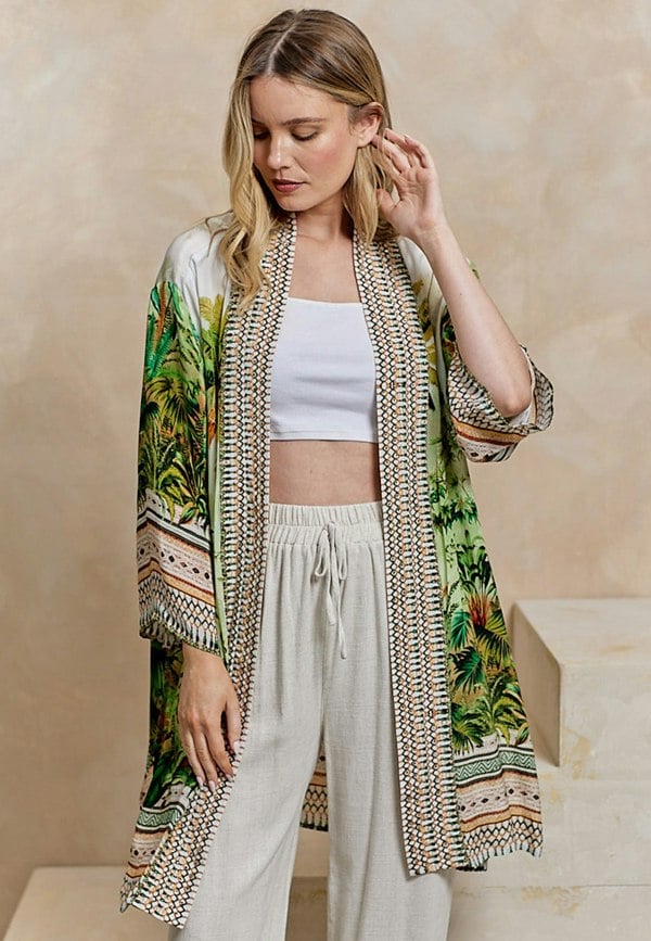 ANGELEYE Deluxe Luxurious Viscose Crepe Bordered Midi Kimono in Premium Tropical Print