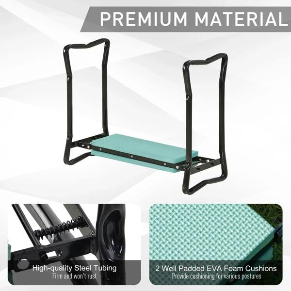 Premium garden kneeler seat with dark green padded cushions and black steel frame