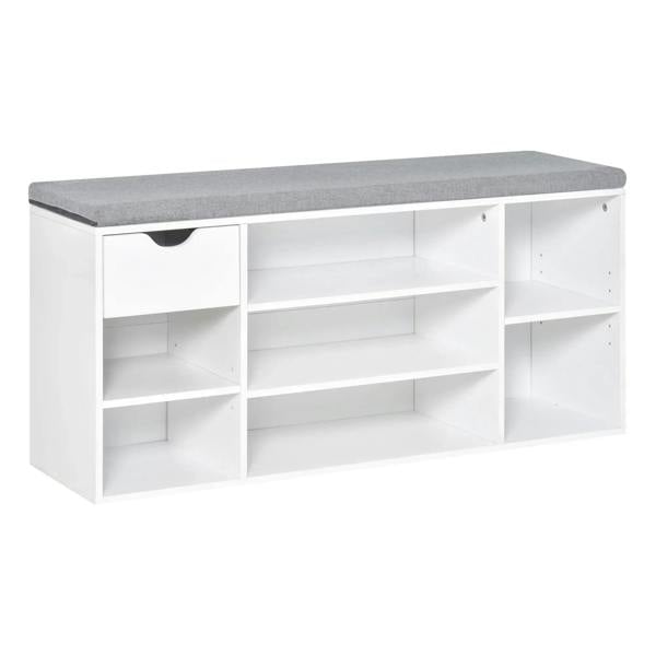 White shoe storage bench with grey cushion and open cubbies for shoes