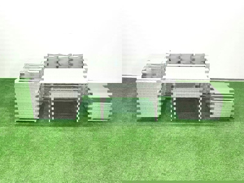 Fimous Rattan Garden Furniture Set Outdoor 5 Seater Patio Dining Sets with Glass Top Dining Table and Side Table Light Grey Mixed