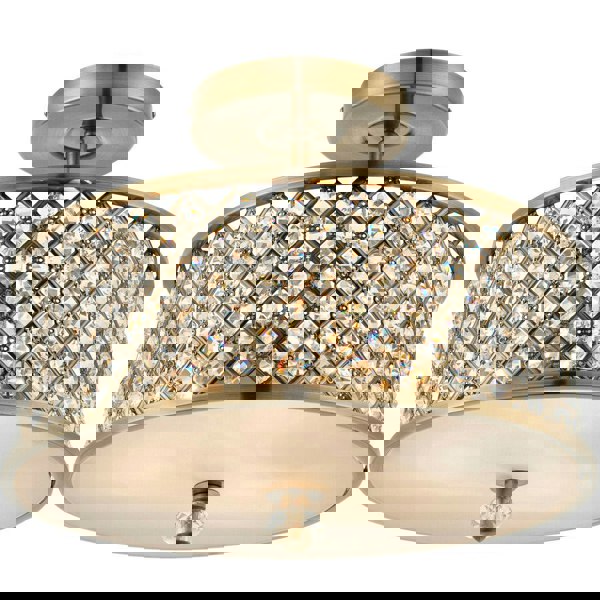 Flush Ceiling Mounted Light Antique Brass & Crystal Lamp Bulb Holder Round Shade Loops