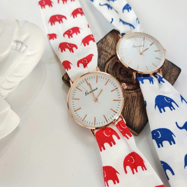 The Colourful Aura Elephant Print Changeable Fabric Cotton Tie Knot Strap Geneva Women Wristwatch