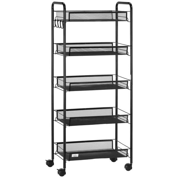 Black steel mesh five-tier storage trolley with rolling casters and open baskets