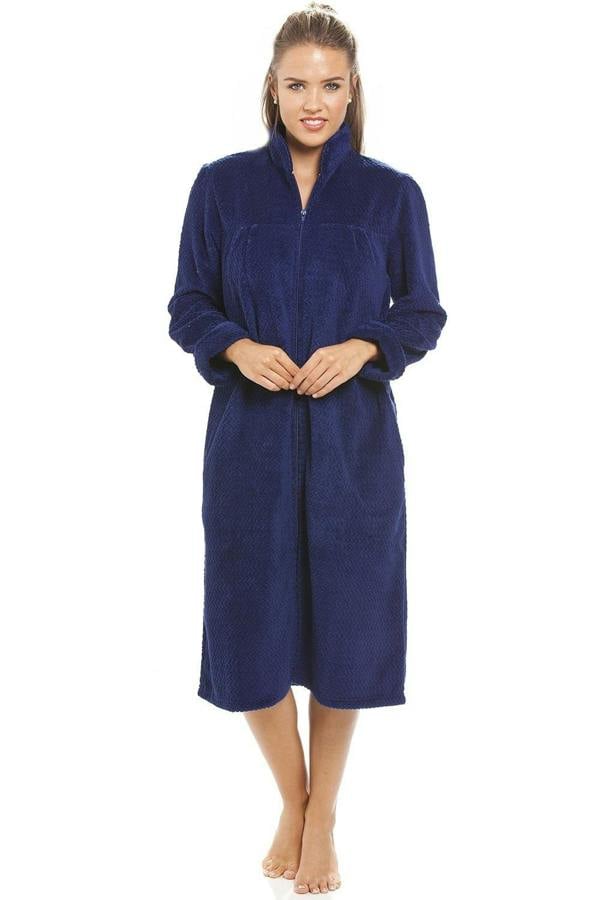 Soft Fleece Navy Blue Zip Front Housecoat