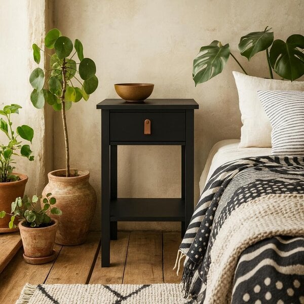 Wyld Haus Wildberry Matt Black Wooden Bedside Table with 1 Drawer Bottom Shelf Leather Handles