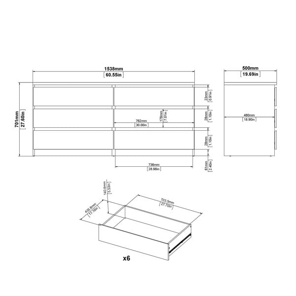 Furniture To Go Naia Wide Chest of 6 Drawers (3+3) in Concrete and White High Gloss
