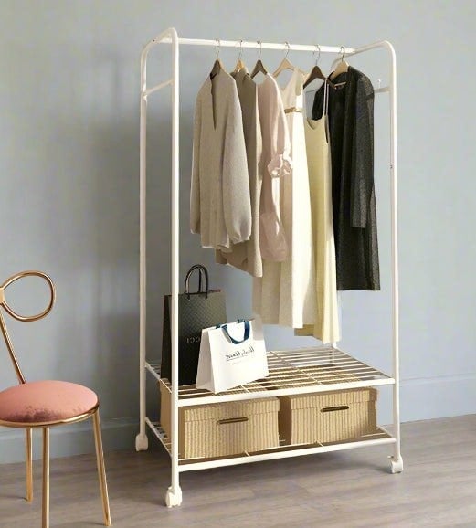 Modcraft Slim White Metal Clothes Rail Garment Rack with Storage Shelves, Hooks & Rolling Wheels