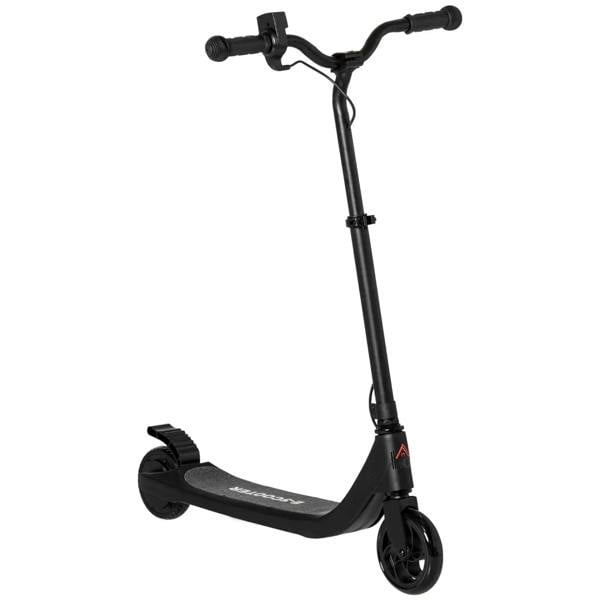 Black electric scooter with handlebar grips, kickstand, and deck with front and rear wheels