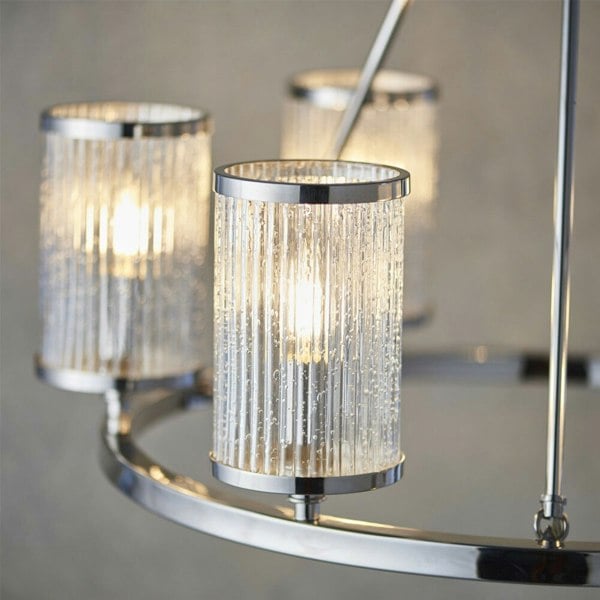 6 Light Chandelier Pendant Nickel Ribbed Glass Shade Hanging Ceiling Lamp Holder Loops