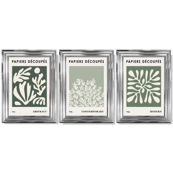 Matisse Floral Set of 3 in Green and Sage Framed Art Prints with Glossy Chrome Frames