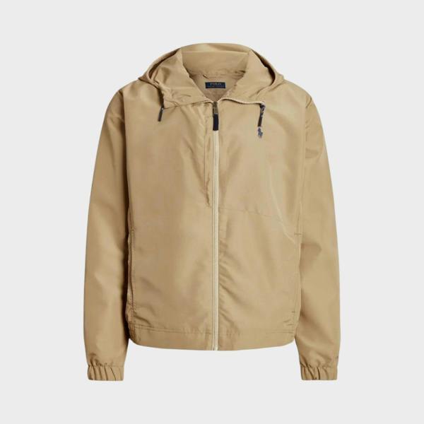 Supplied Fashion khaki Ralph Lauren hooded jacket with front zip, embroidered chest logo, and elasticated cuffs.