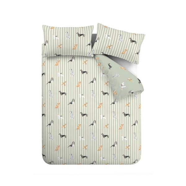 Catherine Lansfield Dog Stripe Reversible Duvet Cover Set Green