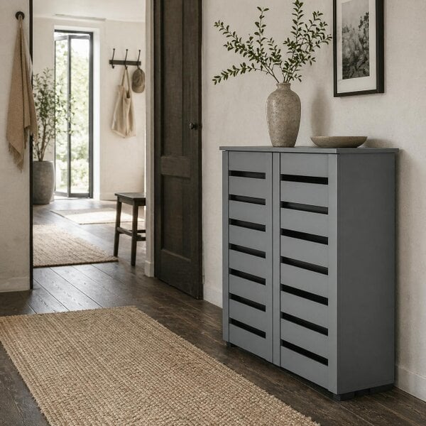 Wyld Haus Zifa Wooden Grey Slim Shoe Cabinet With 5 Tier Storage And Slatted Doors