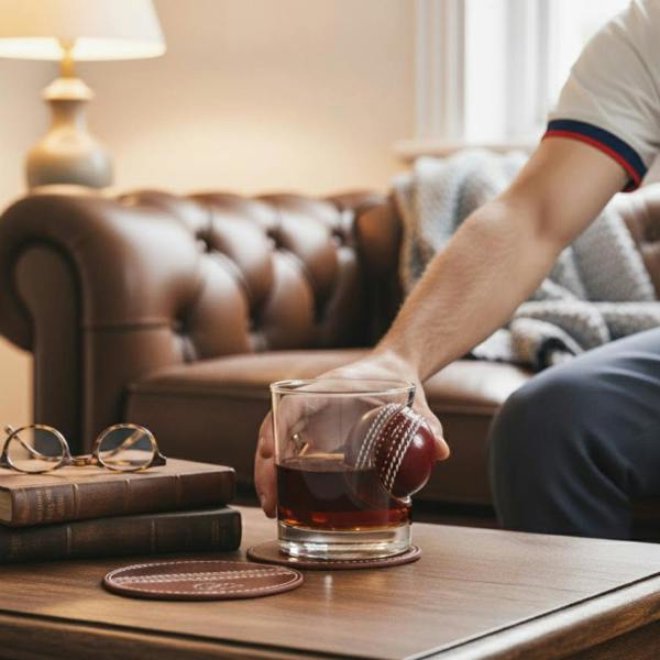 A man reaching for a Personalised Cricket Ball Whisky Glass with an embedded mini red cricket ball, resting on leather coasters on a wooden coffee table.