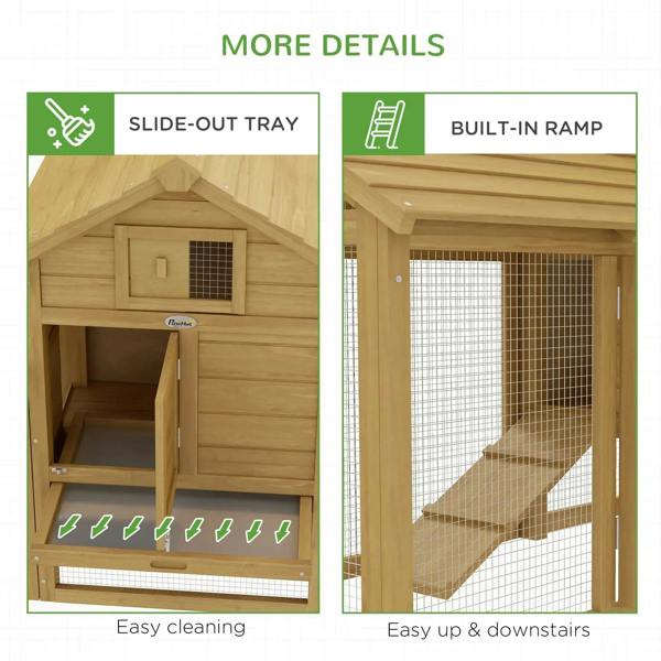 Wooden chicken coop nesting area with slide-out tray and built-in ramp