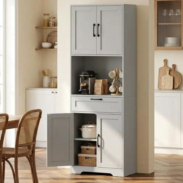 170 cm Tall Kitchen Pantry with Adjustable Shelves, Freestanding Storage Cabinet with Open Shelf, Grey - Grey