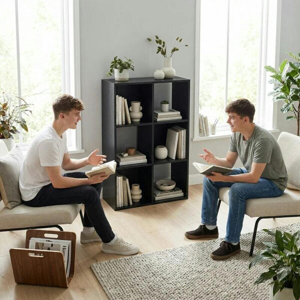 Industrial Style Storage Shelf, Bookcase, Bookshelf with 6 Compartments, for Living Room, Home Study, Black Wood Effect