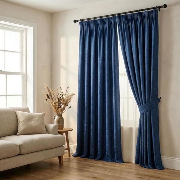 Lille made-to-measure curtains in Royal, styled in a living room