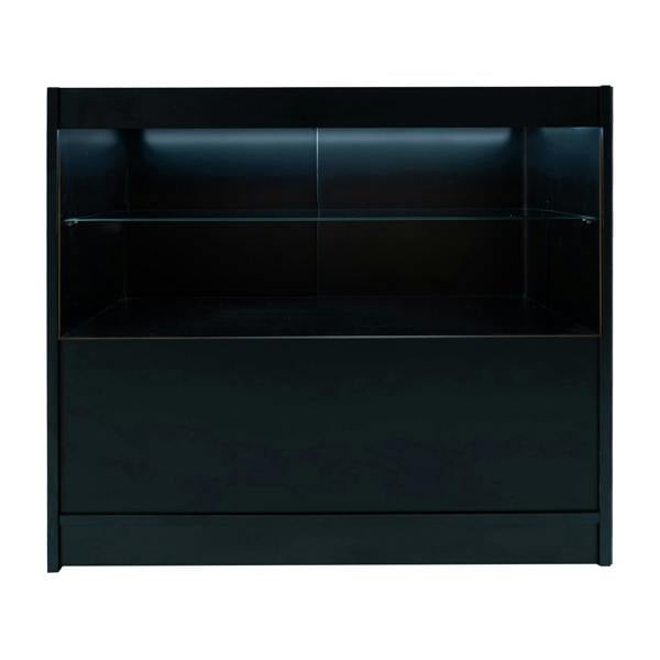 Black Eclipse LED shop counter set featuring sleek design, glass shelves, and modern lighting for retail display and organization