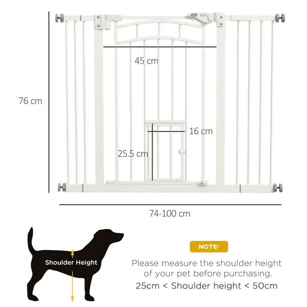 White pressure-fit dog gate with small cat door, showing opening size and frame layout