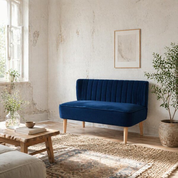 Wyld Haus Haleco Dark Blue Fabric 2 Seater Love Sofa Panel Tufted Back Natural Wooden Legs