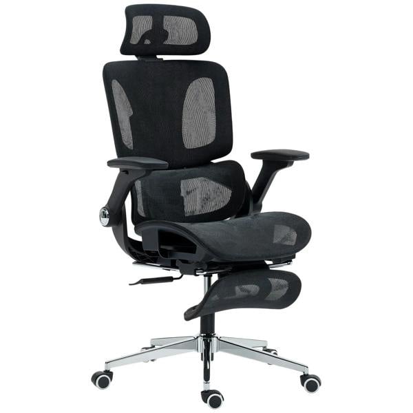 Black high-back ergonomic office chair with mesh back, padded seat, and adjustable armrests