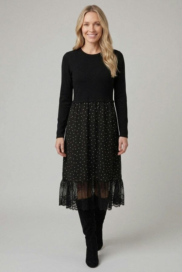 Izabel London Polka Dot Print Lace Hem Midi Dress
