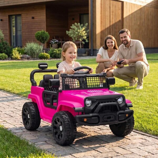 12V Electric Car for Kids with Remote, Dual Motors, Rear Suspension, Soft Start, Music, Lights for 3-8 Years, Pink