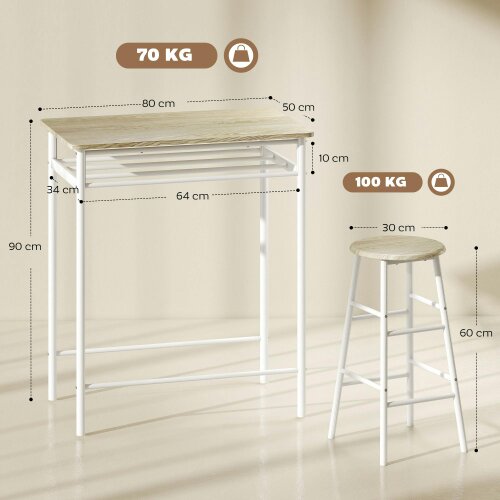 Wyld Haus Fira Rodo Metal And Wooden White And Oak Breakfast Bar Table And Stool Set With Storage