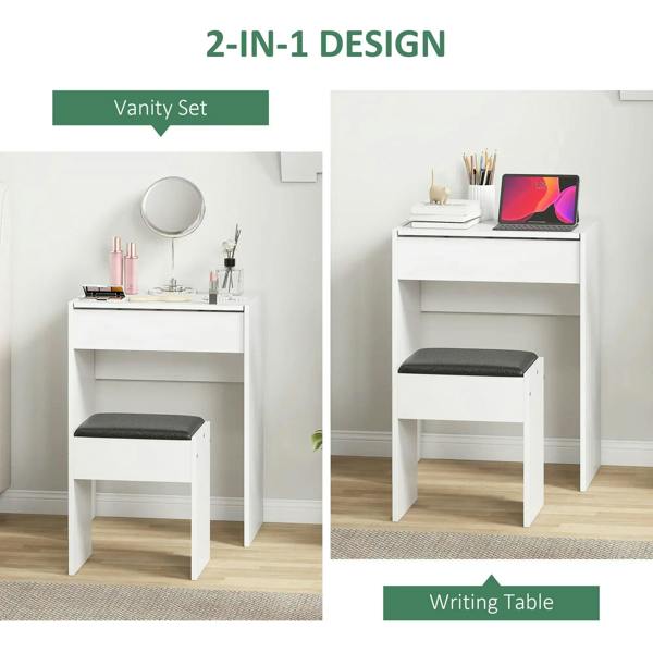 White vanity dressing table with flip mirror and padded stool for everyday use