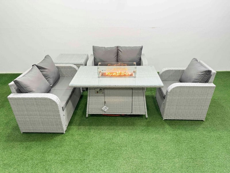 Fimous High Back Rattan Garden Furniture Set with Reclining Chair Loveseat Sofa Fire Pit Dining Table Indoor Outdoor Patio Set Side Table Light Grey