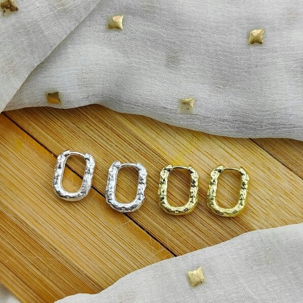 The Colourful Aura Sterling Silver U Shape Rectangle Square hammered Foil Hoop Huggies Earrings