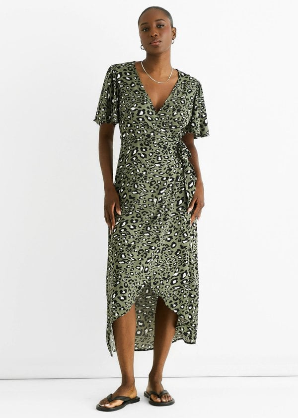 Gini London Khaki Animal Print Viscose Wrap Midi Dress