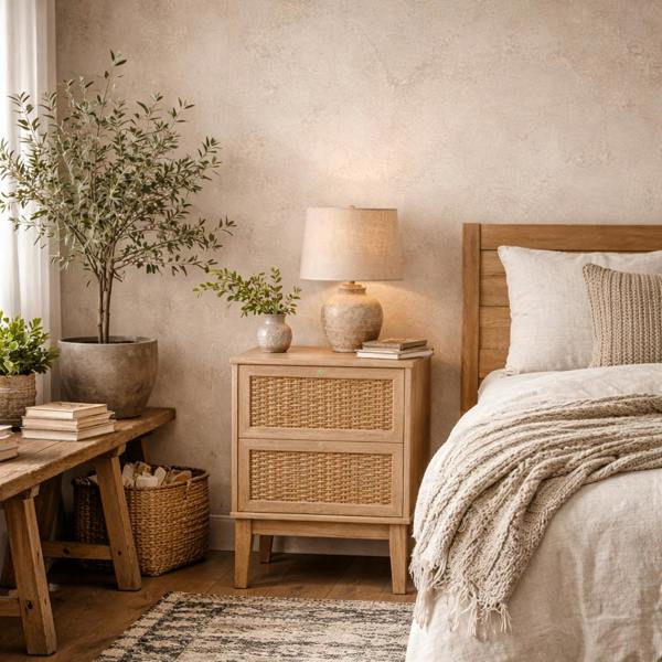 Wyld Haus Waterford Oak Wood and Rattan Bedside Cabinet 2 Doors