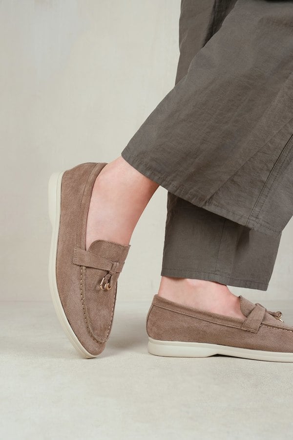 Where's That From Pegasus Wide Fit Slip On Trim Loafers With Accessory Detailing In Khaki Suede