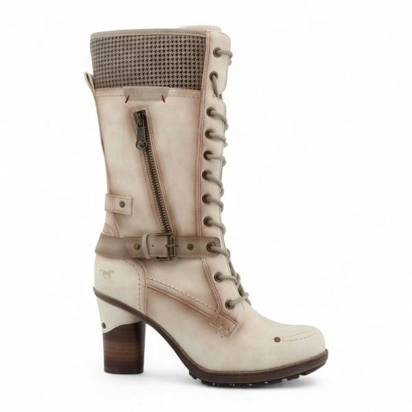 Mustang Women's Cream White Mid-Calf Lace Up Heeled Combat Boots