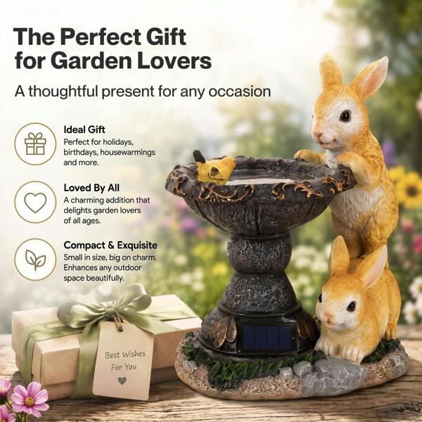 Emitto Garden Ornaments Outdoor Rabbit & Bird Solar Resin Artwork Bath For Patio