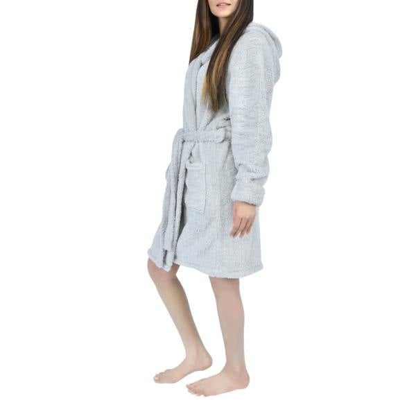 Smart Living Women's Faux Fur Fleece Hooded Bathrobe- Grey