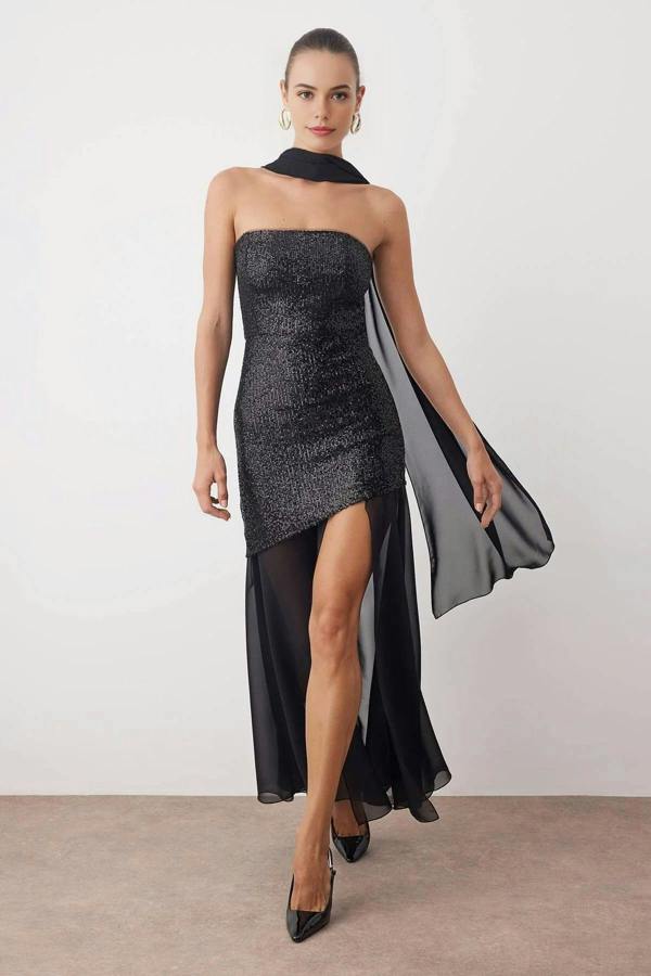 WOVCOR Sequin Woven Maxi Evening Dress with Shawl Detail