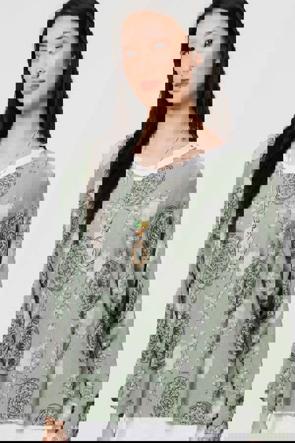 Khaki | Printed Long Sleeve Top with Necklace
