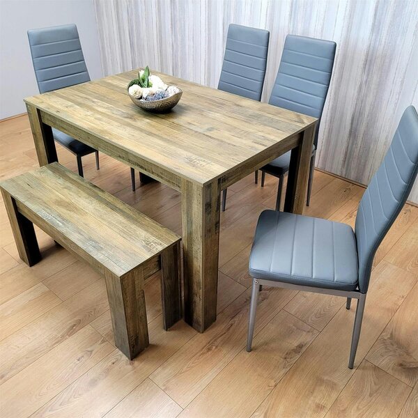 Kosy Koala Modern Rustic Dining Table Set ? Wooden Table with 4 Grey Chairs and Bench - Dining Furniture Set