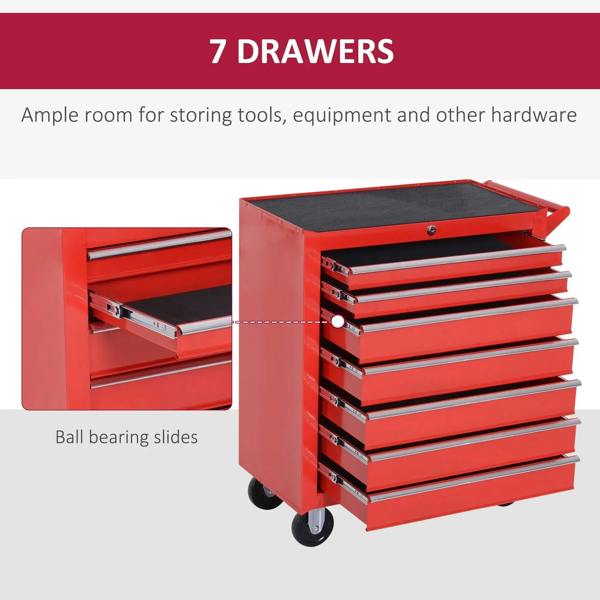 Red 7-drawer tool cabinet with extended drawers and slide rails
