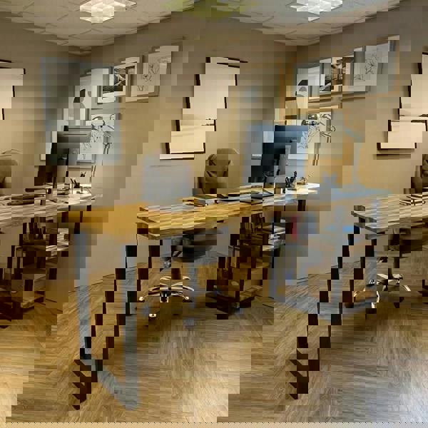 TRL Furniture Staved Oak Office Desk with Under Desk Shelves