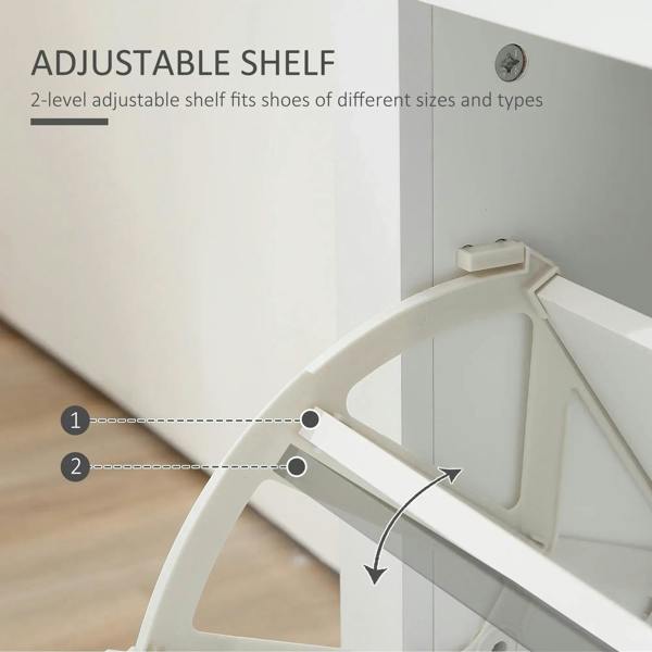 Adjustable shelf shoe cabinet with flip door and two-level interior for shoe storage